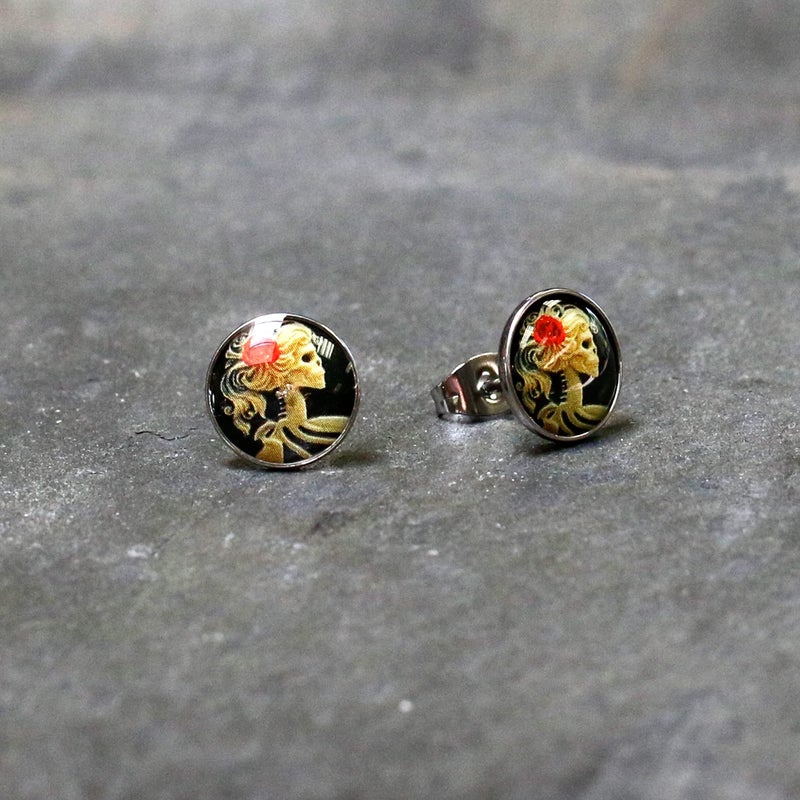Body Candy Red Rose Skull Skeleton Stud Earrings - Stainless Steel Earrings for Halloween, Day of the Dead - Image 2